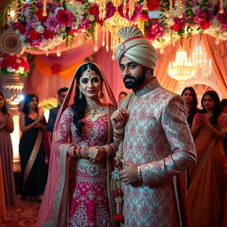 A beautiful and elaborate wedding scene featuring two glamorous figures, resembling iconic Bollywood stars, celebrating their wedding