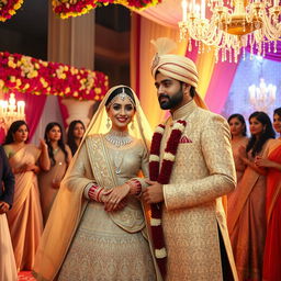 A beautiful and elaborate wedding scene featuring two glamorous figures, resembling iconic Bollywood stars, celebrating their wedding
