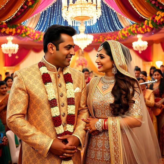 A grand and luxurious wedding ceremony featuring Bollywood stars Salman Khan and Aishwarya Rai, capturing the essence of a rich Indian wedding