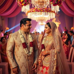 A grand and luxurious wedding ceremony featuring Bollywood stars Salman Khan and Aishwarya Rai, capturing the essence of a rich Indian wedding