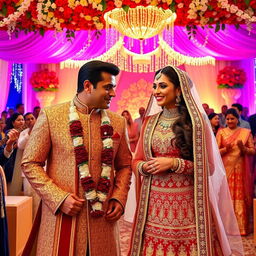 A grand and luxurious wedding ceremony featuring Bollywood stars Salman Khan and Aishwarya Rai, capturing the essence of a rich Indian wedding