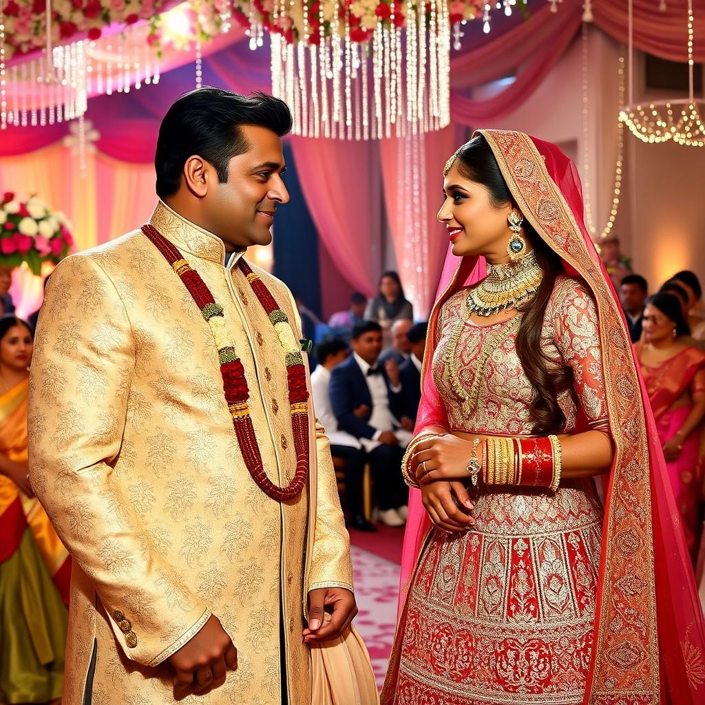 A grand and luxurious wedding ceremony featuring Bollywood stars Salman Khan and Aishwarya Rai, capturing the essence of a rich Indian wedding