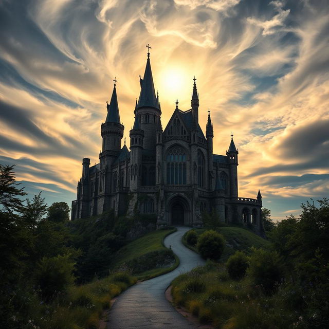 A magnificent gothic castle perched on a hill under a dramatic sky filled with swirling clouds