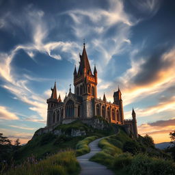 A magnificent gothic castle perched on a hill under a dramatic sky filled with swirling clouds