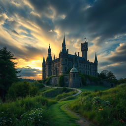 A magnificent gothic castle perched on a hill under a dramatic sky filled with swirling clouds