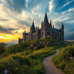 A magnificent gothic castle perched on a hill under a dramatic sky filled with swirling clouds