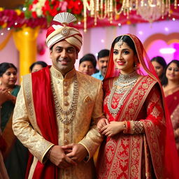 A beautiful wedding scene featuring Bollywood stars Salman Khan and Aishwarya Rai in traditional Indian wedding attire