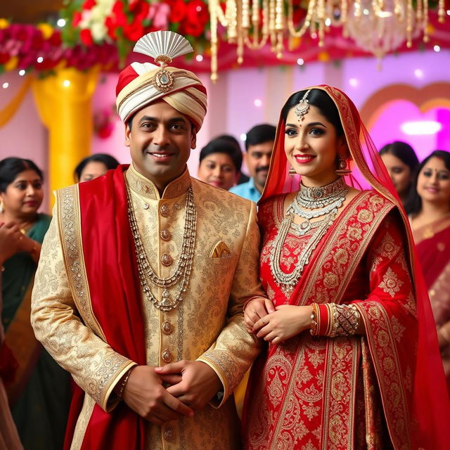 A beautiful wedding scene featuring Bollywood stars Salman Khan and Aishwarya Rai in traditional Indian wedding attire