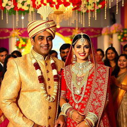 A beautiful wedding scene featuring Bollywood stars Salman Khan and Aishwarya Rai in traditional Indian wedding attire