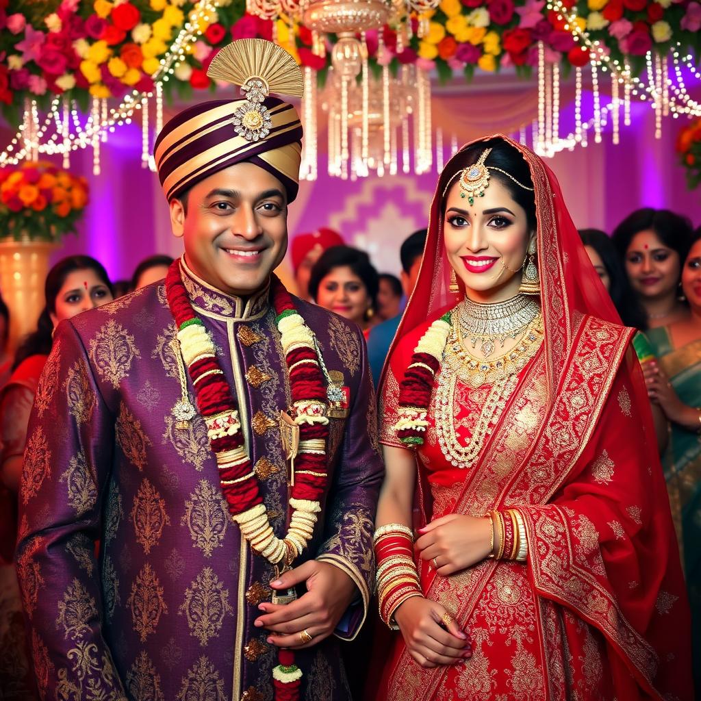 A beautiful wedding scene featuring Bollywood stars Salman Khan and Aishwarya Rai in traditional Indian wedding attire