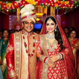 A beautiful wedding scene featuring Bollywood stars Salman Khan and Aishwarya Rai in traditional Indian wedding attire