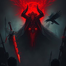 Shaktarr, the god of hatred, depicted as an imposing, shadowy figure enveloped in deep crimson shadows