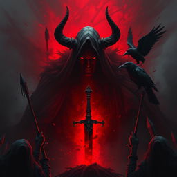 Shaktarr, the god of hatred, depicted as an imposing, shadowy figure enveloped in deep crimson shadows