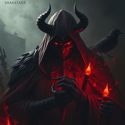 Shaktarr, the god of hatred, depicted as an imposing, shadowy figure enveloped in deep crimson shadows