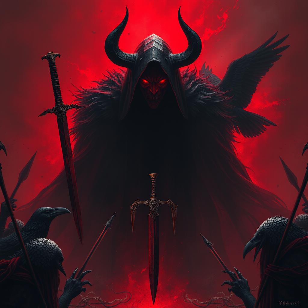 Shaktarr, the god of hatred, depicted as an imposing, shadowy figure enveloped in deep crimson shadows