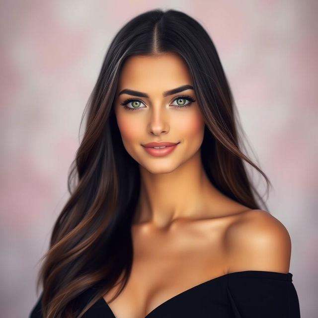 An artistic portrait showcasing a beautiful and elegant woman with long, flowing dark hair and captivating green eyes