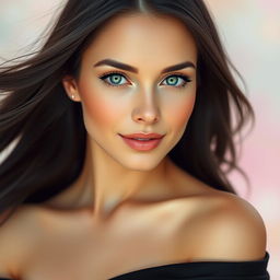 An artistic portrait showcasing a beautiful and elegant woman with long, flowing dark hair and captivating green eyes