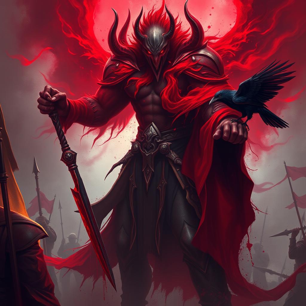 A powerful and imposing deity named Shaktarr, embodying hate and anger, shrouded in deep crimson shadows