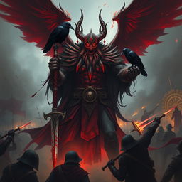A powerful and imposing deity named Shaktarr, embodying hate and anger, shrouded in deep crimson shadows