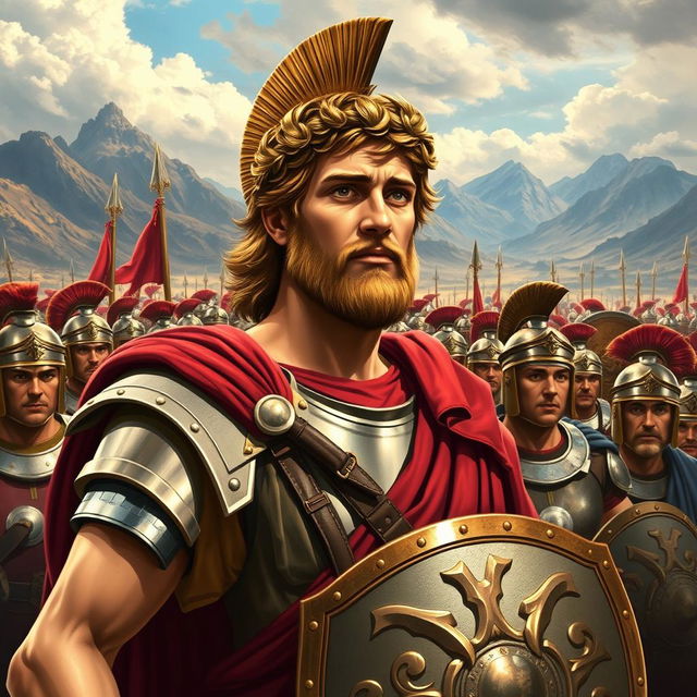 A dynamic scene depicting Alexander the Great leading his army of 10,000 Roman soldiers, showcasing their armor and weapons