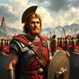 A dynamic scene depicting Alexander the Great leading his army of 10,000 Roman soldiers, showcasing their armor and weapons