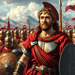 A dynamic scene depicting Alexander the Great leading his army of 10,000 Roman soldiers, showcasing their armor and weapons