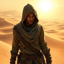 A cunning desert thief, stealthily navigating through a vast sandy landscape