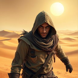 A cunning desert thief, stealthily navigating through a vast sandy landscape