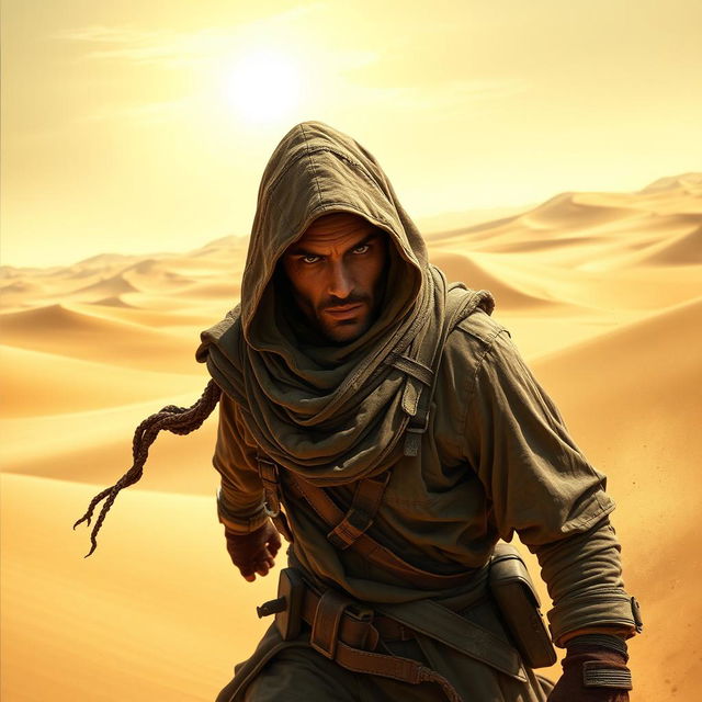 A cunning desert thief, stealthily navigating through a vast sandy landscape