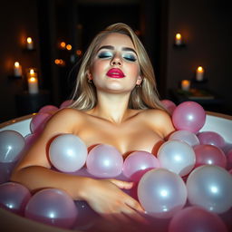 A captivating 18-year-old girl with a thin face and plump, sensuous figure, adorned with long blond hair, lies nude in a spacious luxurious bathtub filled with shiny, soft, multi-colored water balloons that gently envelop her body