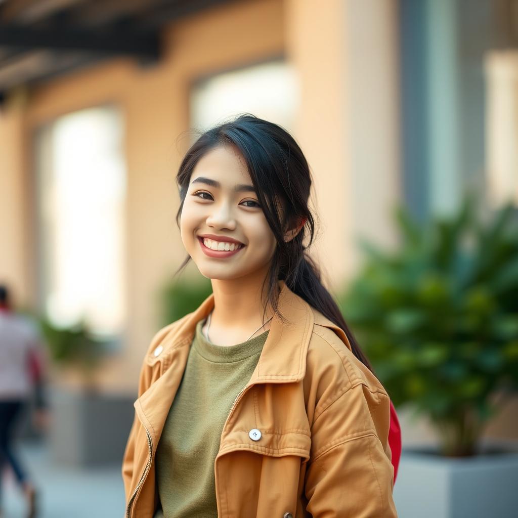 A stylish and modern profile picture featuring a young adult with a confident smile, dressed in a casual yet trendy outfit