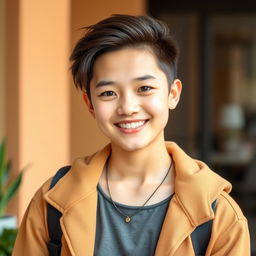 A stylish and modern profile picture featuring a young adult with a confident smile, dressed in a casual yet trendy outfit