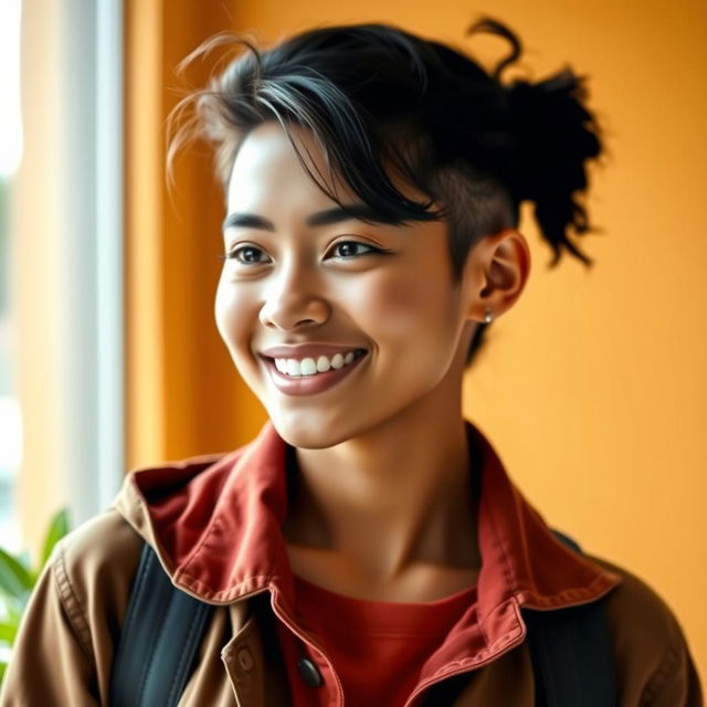 A stylish and modern profile picture featuring a young adult with a confident smile, dressed in a casual yet trendy outfit