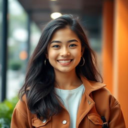 A stylish and modern profile picture featuring a young adult with a confident smile, dressed in a casual yet trendy outfit