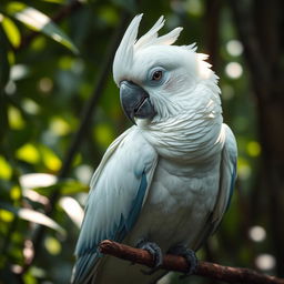 A Brazilian parrot with a striking appearance, featuring a pure white head and pale blue feathers on its body, perched on a branch with an oppressed look in its eyes