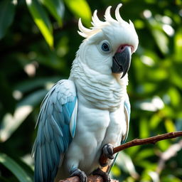 A Brazilian parrot with a striking appearance, featuring a pure white head and pale blue feathers on its body, perched on a branch with an oppressed look in its eyes