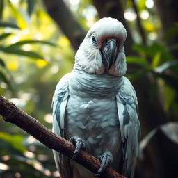 A Brazilian parrot with a striking appearance, featuring a pure white head and pale blue feathers on its body, perched on a branch with an oppressed look in its eyes