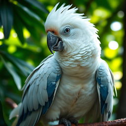 A Brazilian parrot with a striking appearance, featuring a pure white head and pale blue feathers on its body, perched on a branch with an oppressed look in its eyes