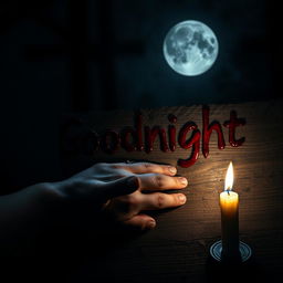 A haunting and atmospheric image depicting the phrase 'Goodnight' written in blood using a human hand