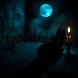 A haunting and atmospheric image depicting the phrase 'Goodnight' written in blood using a human hand