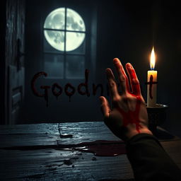 A haunting and atmospheric image depicting the phrase 'Goodnight' written in blood using a human hand