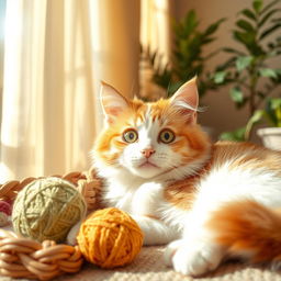A cute and fluffy domestic cat lounging in a sunlit room, with golden rays filtering through sheer curtains