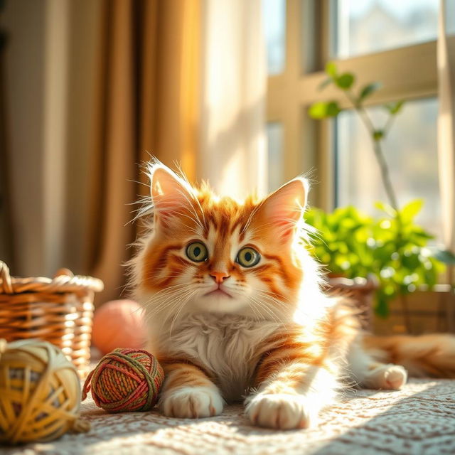 A cute and fluffy domestic cat lounging in a sunlit room, with golden rays filtering through sheer curtains