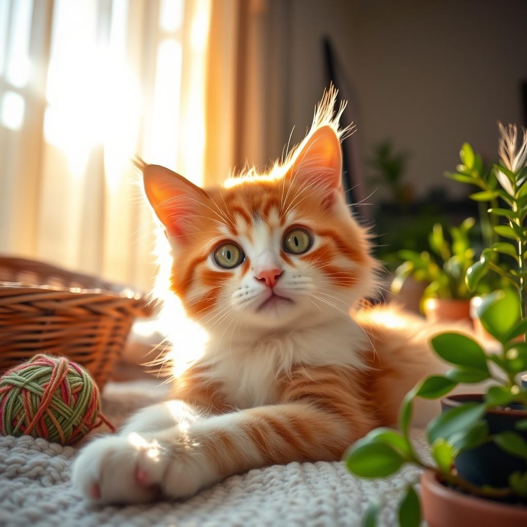 A cute and fluffy domestic cat lounging in a sunlit room, with golden rays filtering through sheer curtains