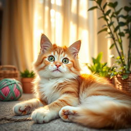 A cute and fluffy domestic cat lounging in a sunlit room, with golden rays filtering through sheer curtains