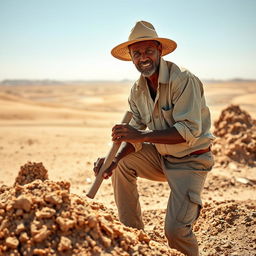 A diligent desert worker engaged in manual labor under the bright sun