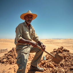 A diligent desert worker engaged in manual labor under the bright sun