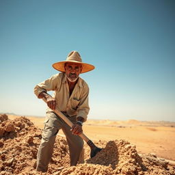 A diligent desert worker engaged in manual labor under the bright sun