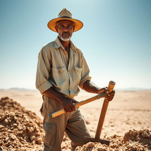 A diligent desert worker engaged in manual labor under the bright sun