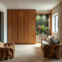 Design for a wall-mounted wooden wardrobe with the following specifications: dimensions of 3 meters in width and 2